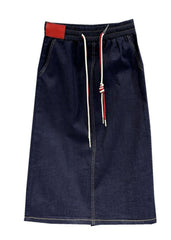 Classy Navy Blue Drawstring Patchwork Denim Skirts Fall