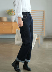 Classy Navy High Waist Cotton Denim Pants Fall