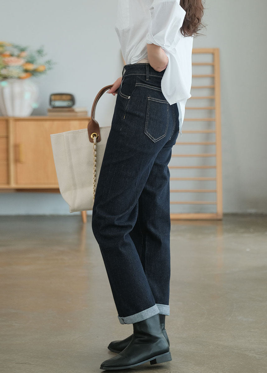 Edle Marineblaue Baumwolljeans mit hoher Taille für den Herbst