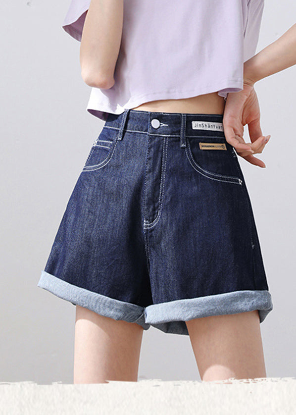 Classy Navy High Waist Pockets Applique Cotton Denim Shorts