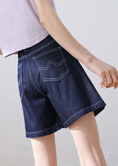 Classy Navy High Waist Pockets Applique Cotton Denim Shorts