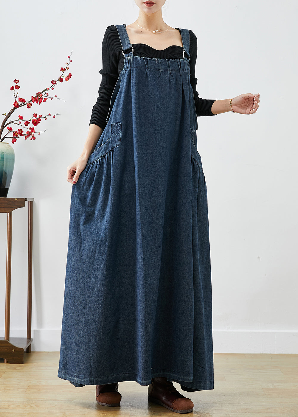 Classy Navy Oversized Exra Large Hem Denim Strap Dresses Fall