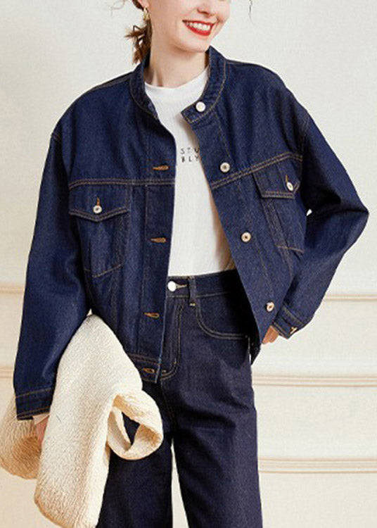 Classy Navy Peter Pan Collar Patchwork Button Denim Coats Long Sleeve