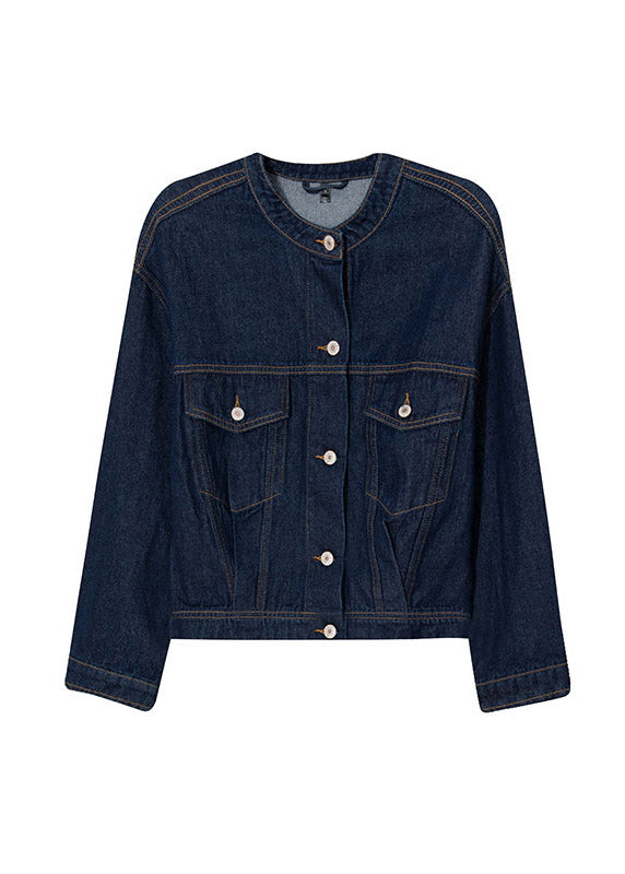 Classy Navy Peter Pan Collar Patchwork Button Denim Coats Long Sleeve