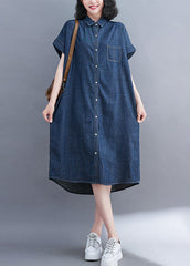 Classy Navy Peter Pan Collar Pocket Denim Shirt Dress