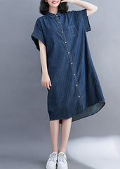 Classy Navy Peter Pan Collar Pocket Denim Shirt Dress