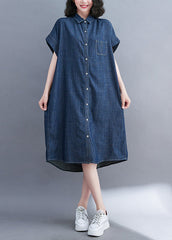 Classy Navy Peter Pan Collar Pocket Denim Shirt Dress