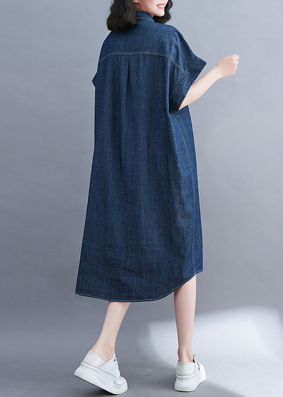 Classy Navy Peter Pan Collar Pocket Denim Shirt Dress