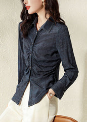 Classy Navy Peter Pan Collar Wrinkled Patchwork Denim Blouses