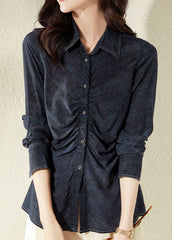 Classy Navy Peter Pan Collar Wrinkled Patchwork Denim Blouses