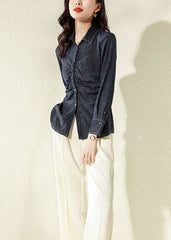 Classy Navy Peter Pan Collar Wrinkled Patchwork Denim Blouses