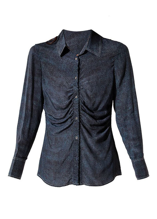 Classy Navy Peter Pan Collar Wrinkled Patchwork Denim Blouses