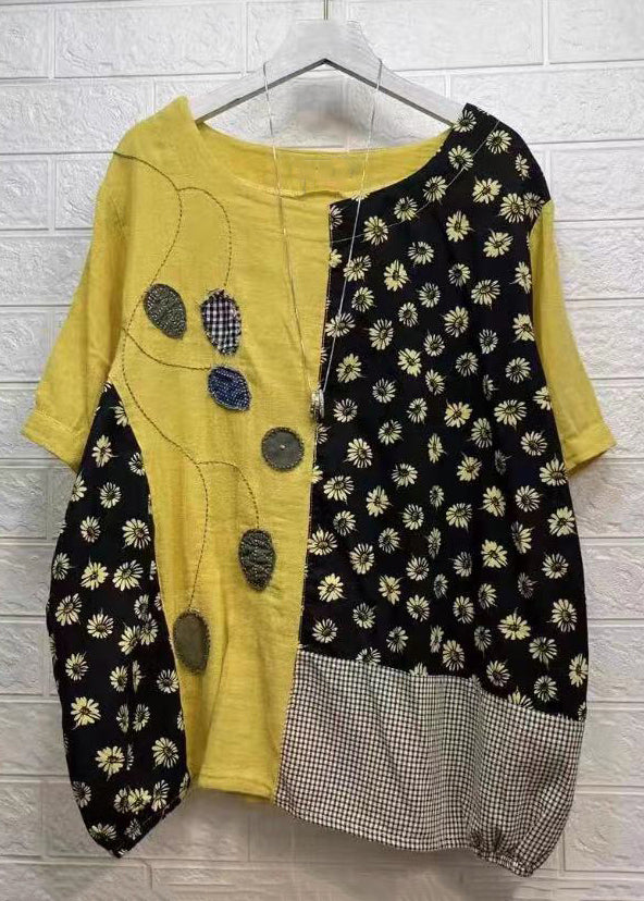 Classy Yellow Asymmetrical Print Patchwork Denim T Shirts