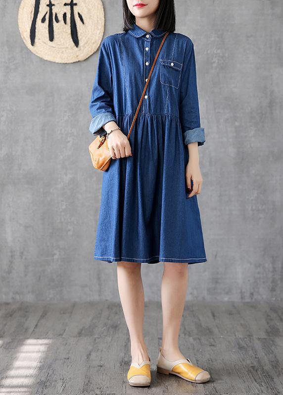 Classy lapel Cinched Cotton quilting clothes Photography denim blue Dress