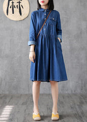 Classy lapel Cinched Cotton quilting clothes Photography denim blue Dress