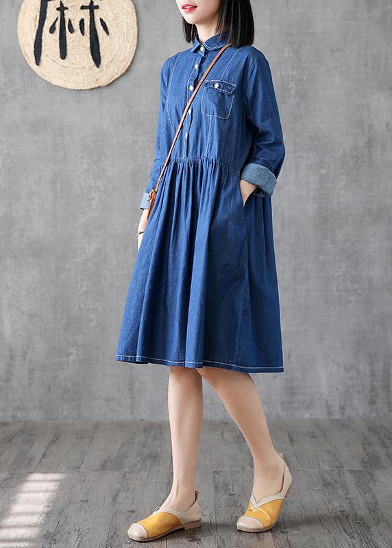 Classy lapel Cinched Cotton quilting clothes Photography denim blue Dress