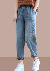 Classy Denim Blue Pant Elastic Waist Embroidery Work Outfits Trousers