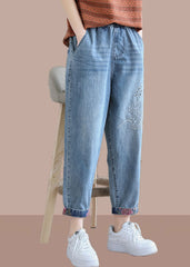 Classy Denim Blue Pant Elastic Waist Embroidery Work Outfits Trousers