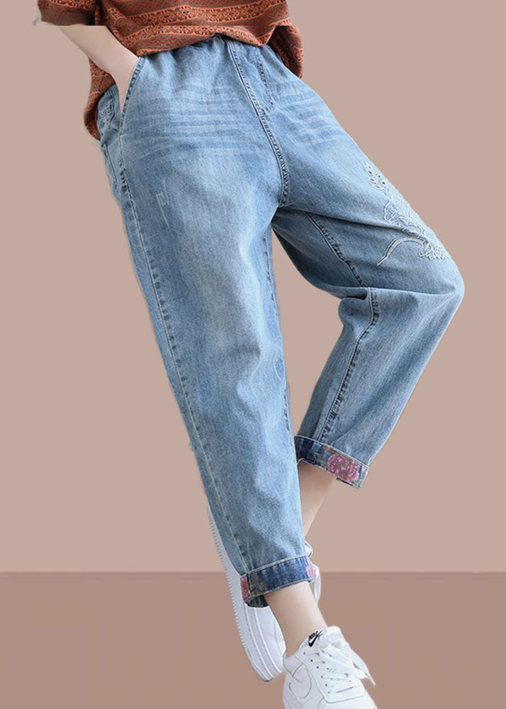 Classy Denim Blue Pant Elastic Waist Embroidery Work Outfits Trousers