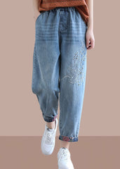 Classy Denim Blue Pant Elastic Waist Embroidery Work Outfits Trousers