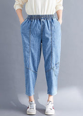 Pants Denim Blue Photography Elastic Waist Patchwork Pant