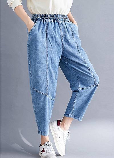 Pants Denim Blue Photography Elastic Waist Patchwork Pant