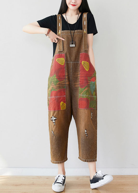 Chocolate Patchwork Print Jumpsuit Pants Ripped Denim