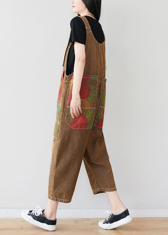 Chocolate Patchwork Print Jumpsuit Pants Ripped Denim