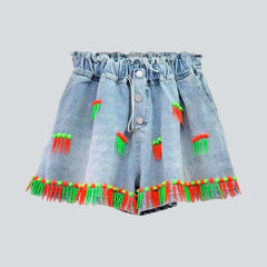 Color fringe women denim shorts