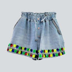 Colorful crystal hem denim shorts