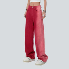 Contrast red women baggy jeans