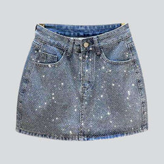 Crystal-embellished mini denim skirt