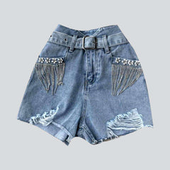 Crystal fringe pocket denim shorts