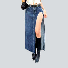 Cut-out leg long denim skirt