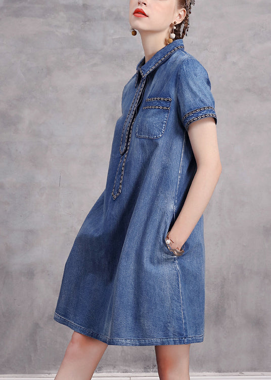 Cute Blue Peter Pan Collar Necktie Embroideried Cotton Denim Dresses Short Sleeve