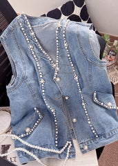 Cute Blue V Neck Patchwork Nail Bead Denim Waistcoat Fall