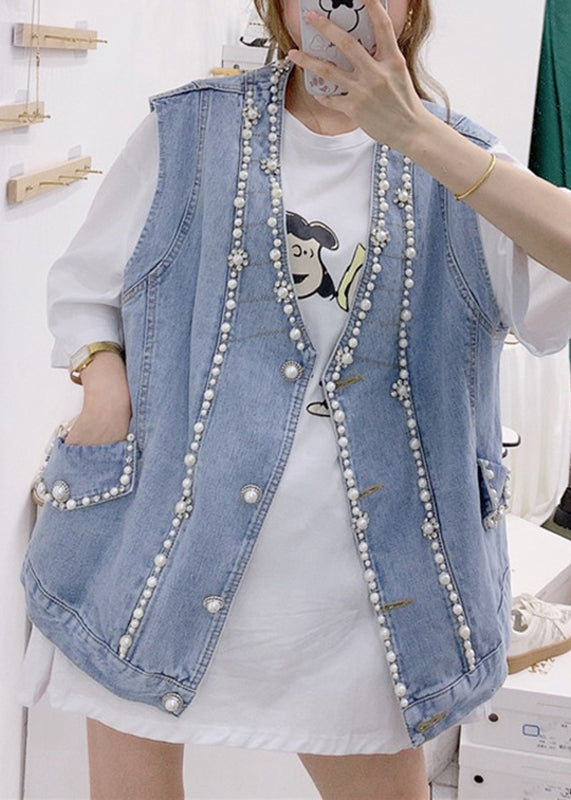 Cute Blue V Neck Patchwork Nail Bead Denim Waistcoat Fall