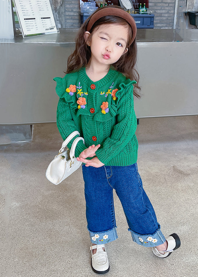 Cute Green Ruffled Knit Coat And Denim Pants Girls Sets 2 Pieces Fall