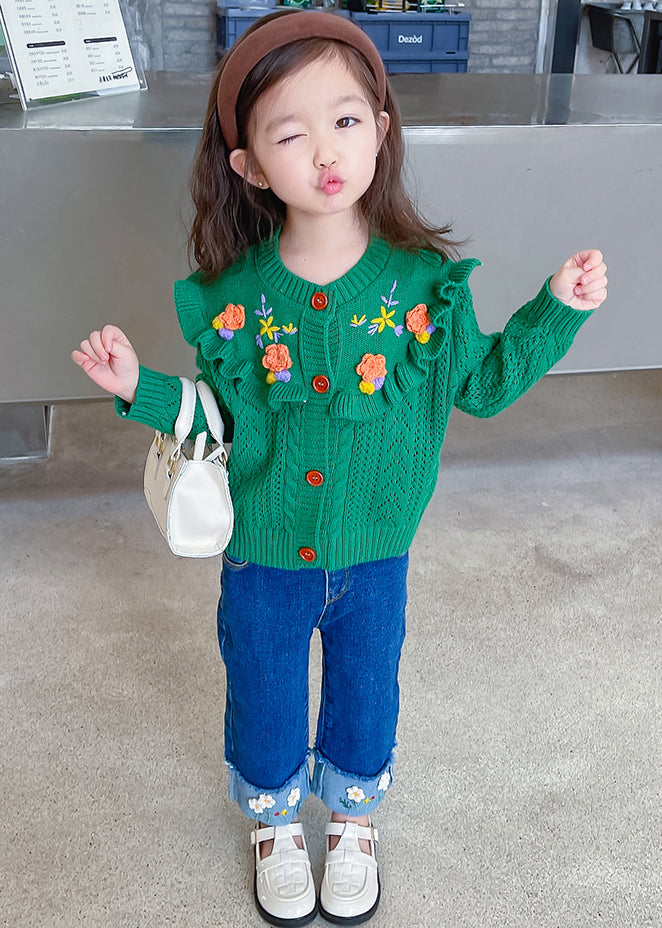 Cute Green Ruffled Knit Coat And Denim Pants Girls Sets 2 Pieces Fall