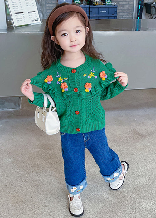 Cute Green Ruffled Knit Coat And Denim Pants Girls Sets 2 Pieces Fall