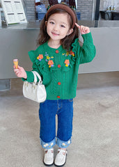 Cute Green Ruffled Knit Coat And Denim Pants Girls Sets 2 Pieces Fall