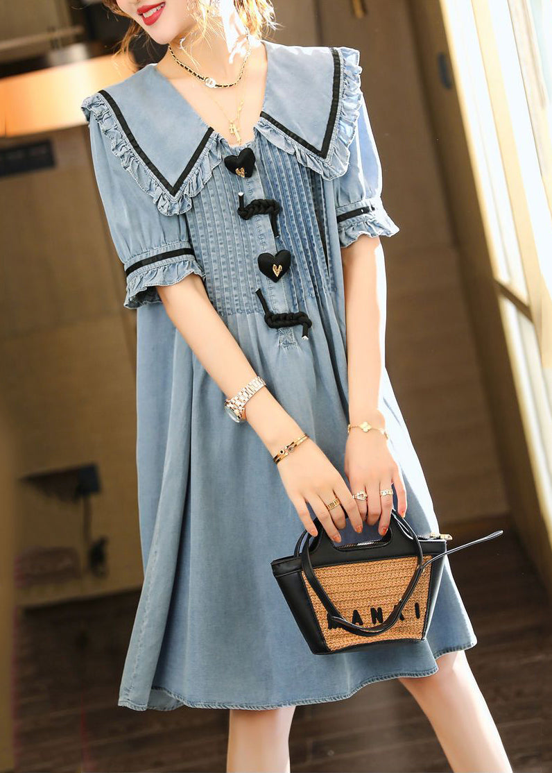 Cute Light Blue Peter Pan Collar Wrinkled Cotton Denim Dress