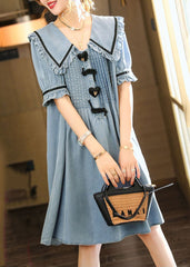 Cute Light Blue Peter Pan Collar Wrinkled Cotton Denim Dress