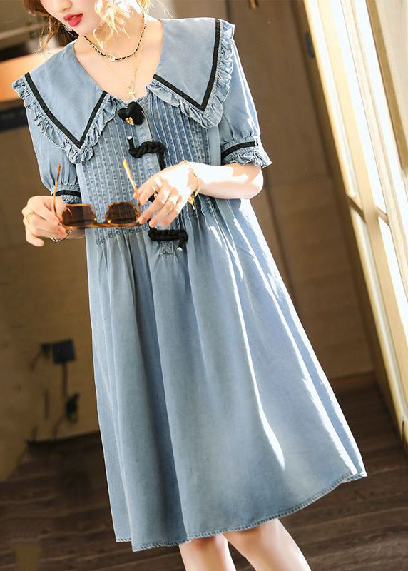 Cute Light Blue Peter Pan Collar Wrinkled Cotton Denim Dress