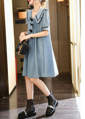 Cute Light Blue Peter Pan Collar Wrinkled Cotton Denim Dress