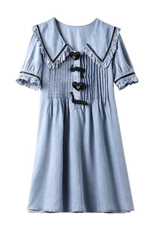 Cute Light Blue Peter Pan Collar Wrinkled Cotton Denim Dress