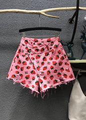 Cute Pink Strawberry Print Pockets Denim Shorts