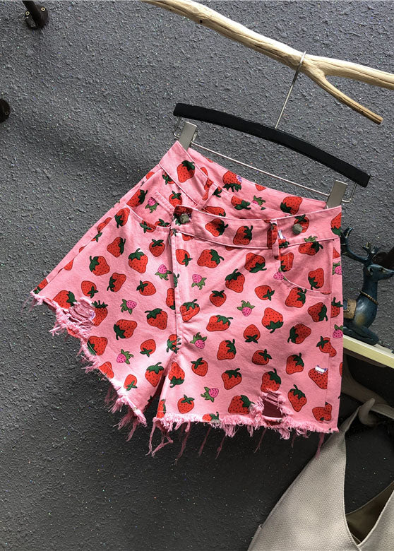 Cute Pink Strawberry Print Pockets Denim Shorts