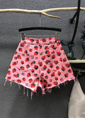 Cute Pink Strawberry Print Pockets Denim Shorts