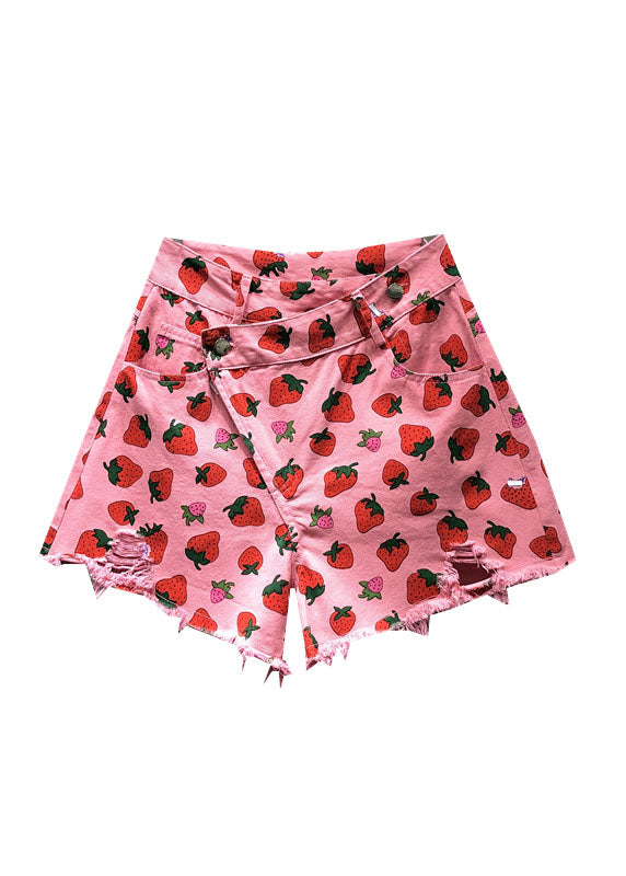 Cute Pink Strawberry Print Pockets Denim Shorts